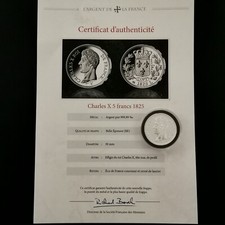 MEDAILLE 30mm ARGENT 999.99‰ REPLIQUE DU 5 FRANCS 1825 CHARLES X / COPY / Avec c