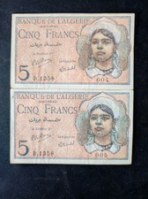 2 Billets 5 Francs Banque Algérie – 2.10.1944 – Série B.1358 –004 & 005 –TBE