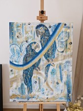 Tableau de peinture acrylique couple de Perroquet feuille d'or 