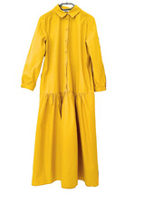 Zara Coton Poplin Maxi Robe Chemisier Jaune Moutarde Deux Poches Taille S