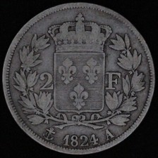 FRANCE 2 FRANCS LOUIS XVIII 1824 A ARGENT