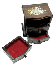 Ancien COFFRET A BIJOUX 3 tiroirs bois incrustations de nacre