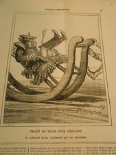 Caricature 1872 - rocking chair Projet de Trone pour l'Espagne se culbutant