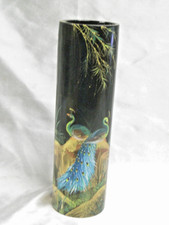 VASE ROULEAU POT A PINCEAU BOIS LAQUE PEINTURE MINIATURE OISEAUX PAON ART ASIE