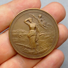 French, Antique Medal. Farming, Woman Marianne Female, Cherub, Plow, Hay rake.