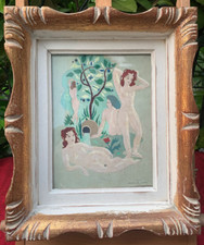 Tableau ancien Maurice Genis / Baigneuses/Nu/Art Deco/Sous Verre/Cadre