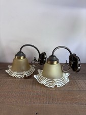 Paire D’Appliques Tulipes En Verre Jaune Blanc Dentelé Vintage Style Années 1930