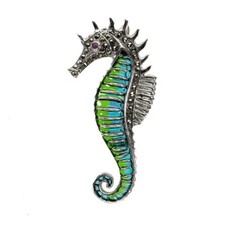 Broche hippocampe en argent 925 avec rubis, marcassites et email
