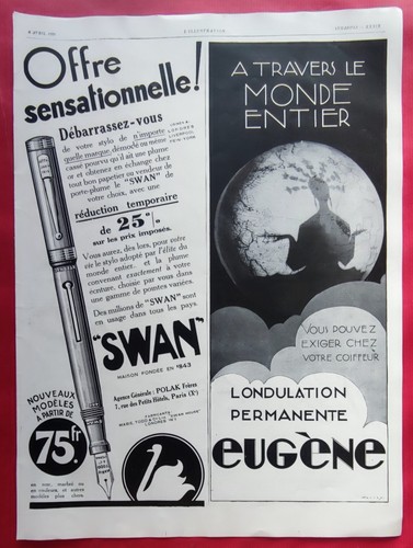 Pub presse 1929 - stylo, swan