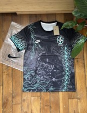 Maillot De Foot Du Brésil Concept Bleu Noir Jesus Ville Rio Plante Feu. Taille M
