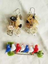 LOT BROCHE BOUCLES D'OREILLES ANCIEN VERRE MURANO GLASS EARRINGS BROOCH