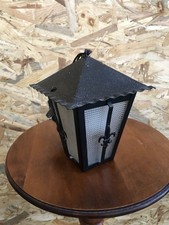 Suspension Ancienne Lanterne Métal Noir Fleur De Lys + Verre Moulé Vintage #D005