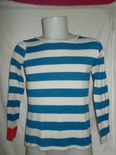 TOP marinière tee shirt marin coton blanc rayé turquoise PETIT BATEAU S 14ans 