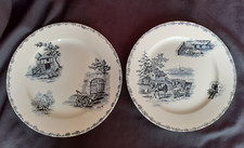 2 assiettes plates en faïence décor champêtre en bleu D. 23,5 cm