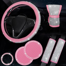 Bling Steering Wheel Cover Set, Crystal Diamond Rhinestone Pink Car Accessories