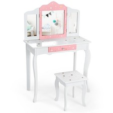 Ensemble Coiffeuse et Tabouret pour Enfants Miroir à 3 Volets Amovible Table de