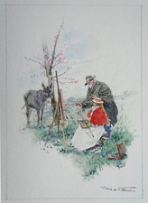 Aquarelle dessin original 1900