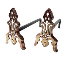 Paire de chenet XIXe en bronze et fonte, accessoire de cheminée