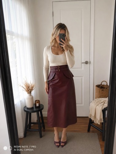 Jupe midi bordeaux - effet, cuir