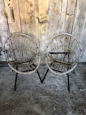 Paire de Fauteuil Enfant Coque Rotin & Pied Metal Noir Vintage #A061