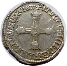 Henri IV Quart d'écu, croix batonnée et couronnée de face 1607 Saint-Lô