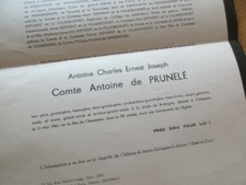 AVIS DE DECES COMTE ANTOINE DE PRUNELE 1961 GEYER D' ORTH TRECESSON BRETAGNE 