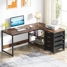 Bureau d’Angle en L 150 cm Design Industriel Bois & Métal 4 Tiroirs + 2 Étagères