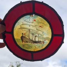 ancien vitrail verre et plomb - décor marine - voilier - art déc - collection