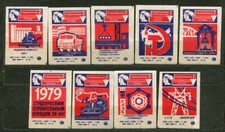 1979, KOMSOMOL, BRIGADES DE CONSTRUCTION ÉTUDIANTES, LOT DE 9 ÉTIQUETTES DE B...