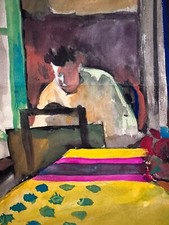 Ancien dessin  portrait du peinture au travail intérieur  Jean Terles Art Deco