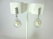 Neuf 14k or Blanc 6 Mm. Perles Diamant Boucles D'Oreilles Pendantes 0.25 Carat
