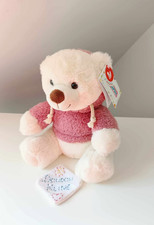 Peluche/Doudou Ours Assis Blanc Crème Veste Capuche Rose Nez Marron 24cm - Gipsy