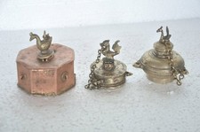 3 PC Vieux Laiton & Cuivre Unique Forme Paon Artisanal Encriers
