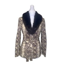 90s Cache Vintage Snakeskin Stretchy Faux Fur Collar Jacket Sz 8