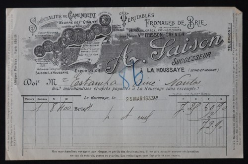 Facture 1933 camembert saison - camembert,
