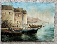 Tableau Ancien Bateaux Barque Bord Mer Peinture Miniature Marine signée