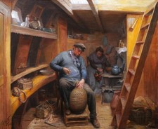 Tableau belge encadré bateliers bateau péniche marine fleuve Prosper HOSTE huile