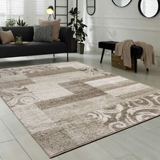 Tapis De Créateur Contemporain Avec Swirl Et Carreaux Marbré Marron Beige Crème