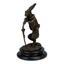 Lièvre habillé en chasseur véritable bronze sur socle marbre art statue sculp...