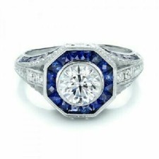 Bague argent 925 plaqué or blanc façon art deco avec CZ et saphirs synthétiques