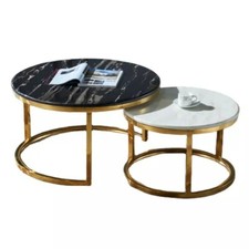 Rond Table Basse Set Or Blanc Noir Mélange Marbre Table de Salon 2 Pièce