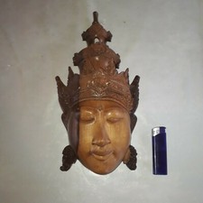 ANCIENNE TETE MASQUE VISAGE EN BOIS SCULPTÉ BOUDDHA TRES BON ÉTAT 31 CM