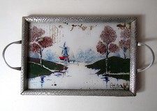 ancien plateau art déco verre peint signé Aida aluminium python bois