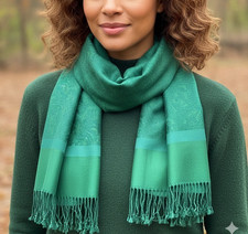 Echarpe pashmina Soie et Laine frange Etole châle  femme automne hiver vert