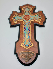 bénitier CRUCIFIX bronze doré émail cloisonné DLG Barbedienne ancien antique