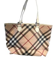 Authentique Grand Sac Cabas Toile Enduite Tartan Beige Burberry 