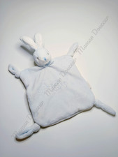 Doudou Plat Carré Lapin Perle Bleu Blanc Crème Fleur Noeuds Attache Tétine Kaloo