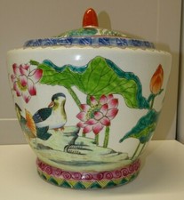 -SUPERBE GRAND POT COUVERT CERAMIQUE CHINE DECOR CANARD LIBELLULE FLEURS LOTUS D
