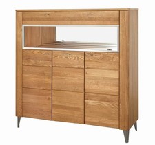 Buffet Vitré Latina 126x42x134cm En Chêne Miel Partiellement Massif 4 Portes