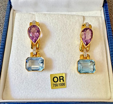 BOUCLE D'OREILLE OR MASSIF 18 CARATS 750 SERTIE D'AIGUE MARINE AMÉTHYSTE DIAMANT